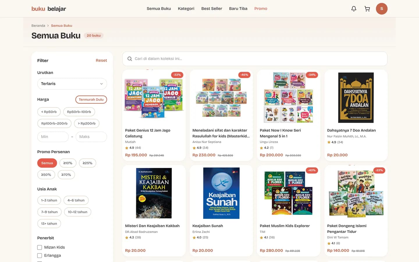 Halaman katalog Semua Buku dengan panel filter di kiri dan grid kartu buku di kanan