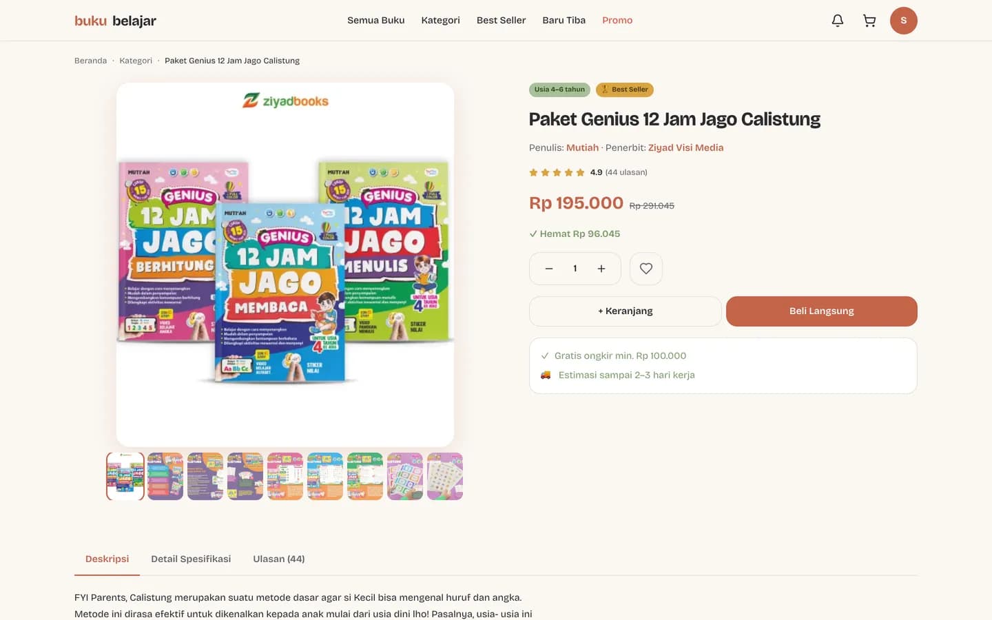 Halaman detail buku dengan galeri gambar, harga, pemilih jumlah, dan tombol tambah ke keranjang