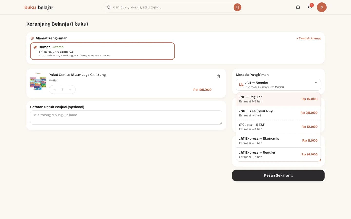 Dropdown metode pengiriman terbuka menampilkan pilihan kurir JNE, SiCepat, dan J&T beserta estimasi dan harga