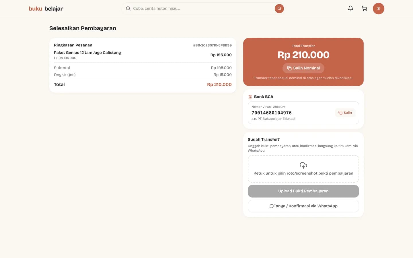 Halaman selesaikan pembayaran dengan total transfer, nomor virtual account, dan area unggah bukti
