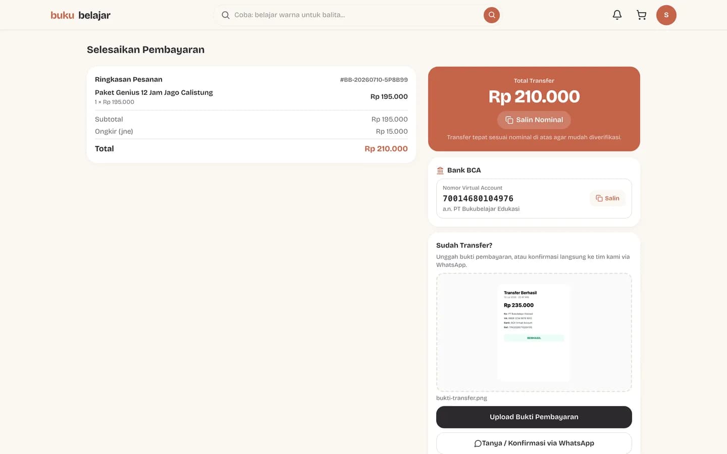 Area unggah bukti pembayaran menampilkan pratinjau berkas yang dipilih dan tombol upload aktif