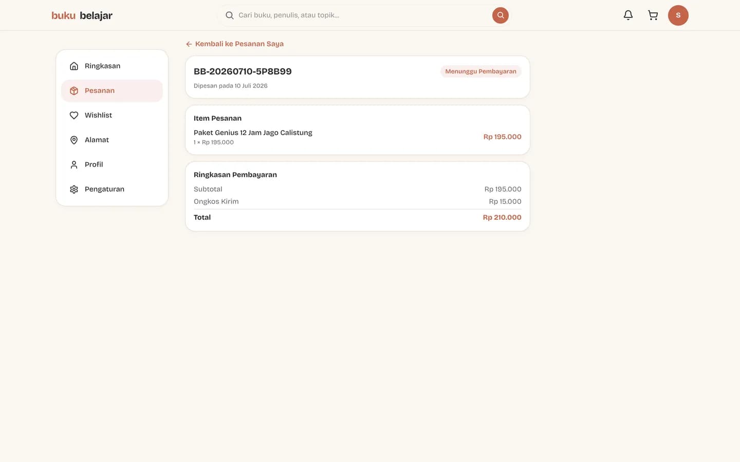 Halaman detail pesanan menampilkan nomor pesanan, status menunggu pembayaran, item, dan ringkasan pembayaran