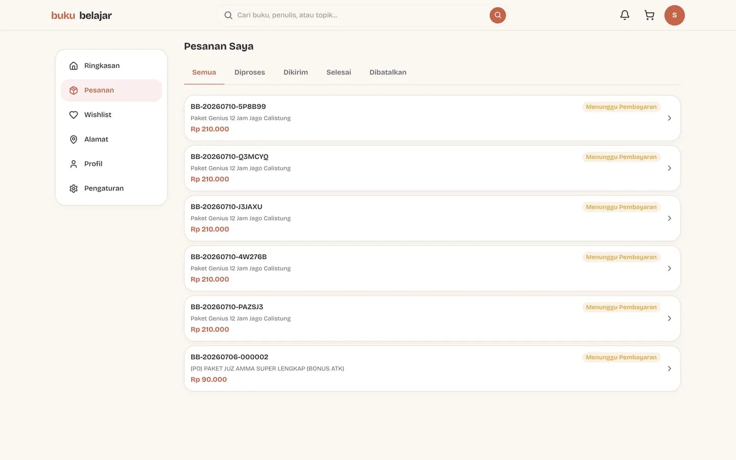 Halaman Pesanan Saya dengan tab status dan daftar kartu pesanan